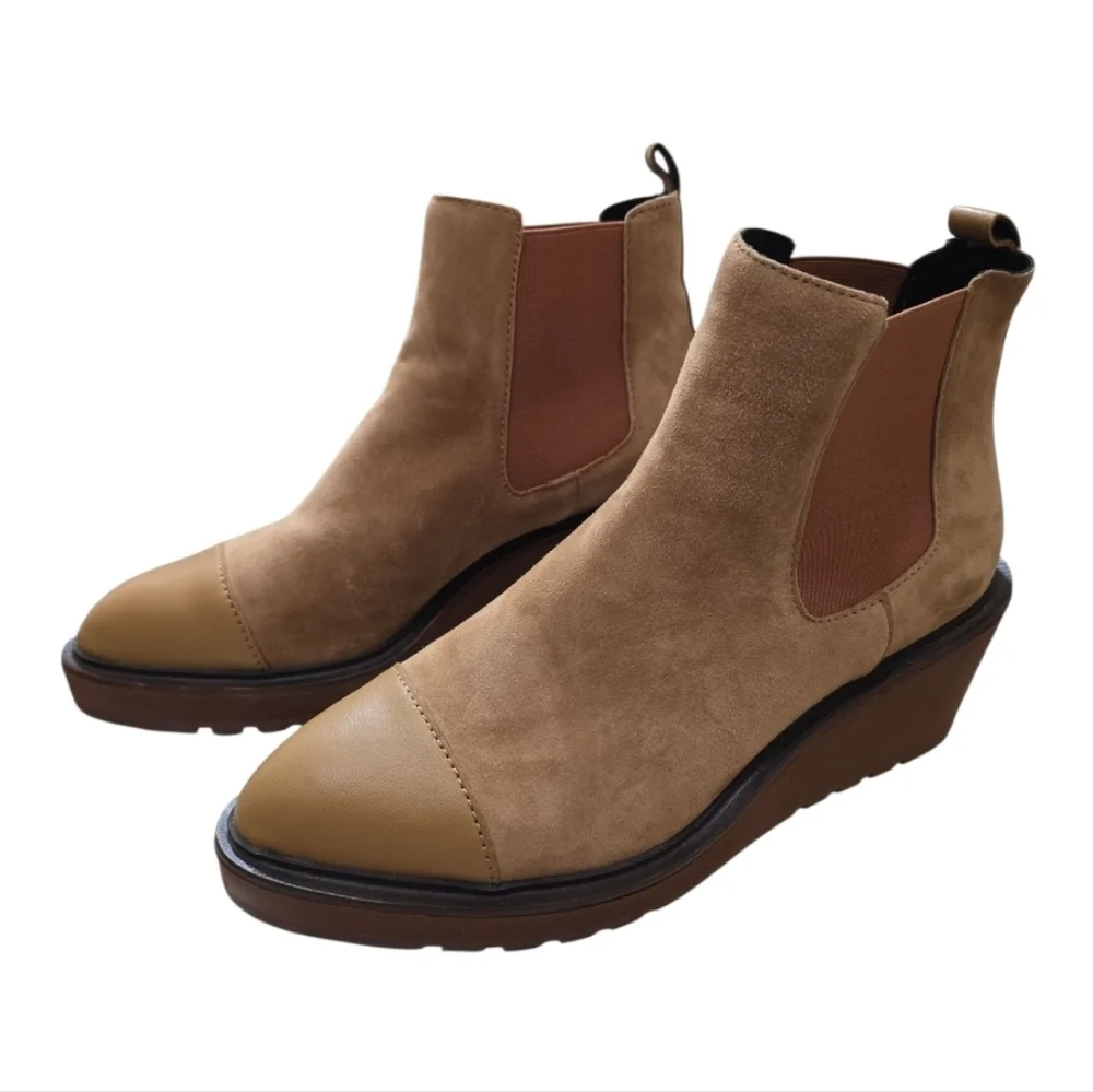 Cecelia NY Gemmain Tan Suede Cap Toe Chelsea Wedge Boots 9.5